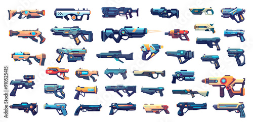 Cartoon futuristic weapon set. Military laser guns, space plasma blasters and science fiction game pistol vector illustration