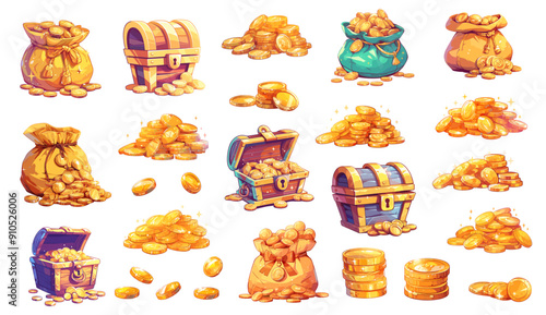 Cartoon golden coins set. Treasure bags with gold, piles, stacks, open chest, game money vector illustration