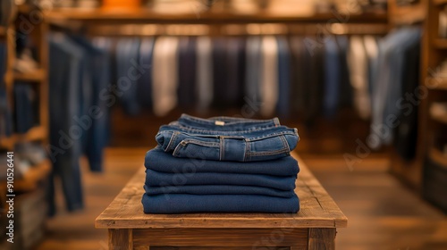 Stacked blue jeans on wooden table in clothing store.