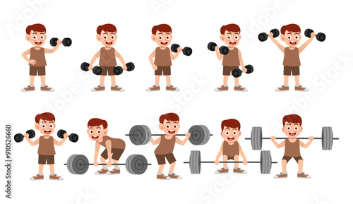 Little kid do workout with weight lifting