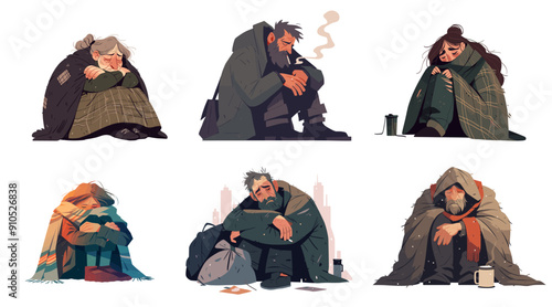 Cartoon homeless people set. Poor male and female characters, beggars living on street, jobless hobos vector illustration