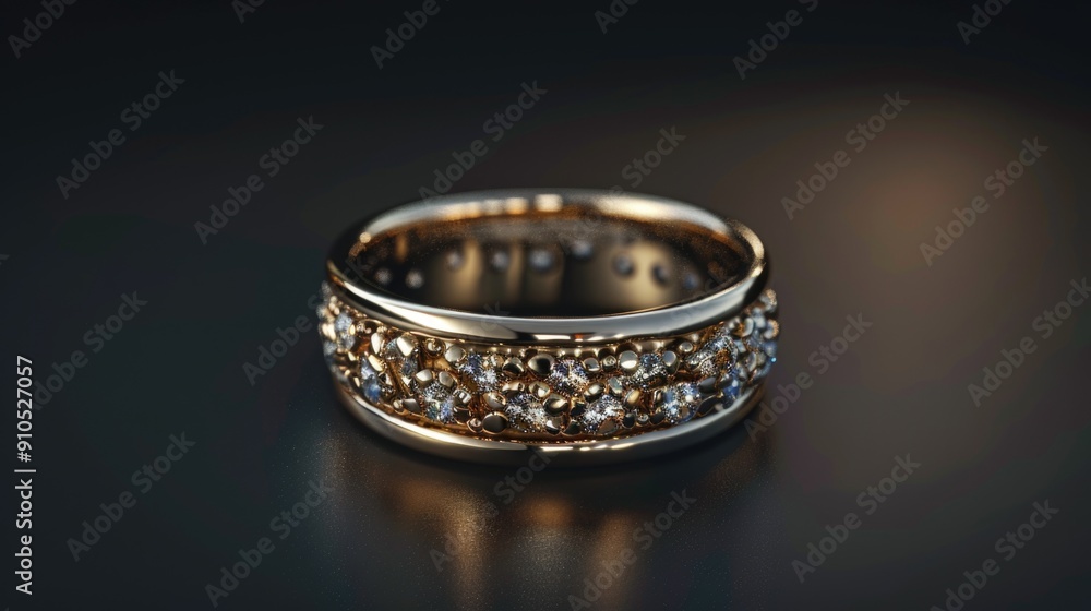 A close-up of a gold ring with diamonds on a black surface, ideal for jewelry or luxury product photography A close-up of a gold ring with diamonds on a black surface, ideal for jewelry or luxury product photography