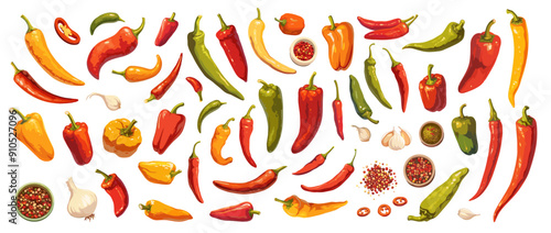 Cartoon hot pepper set. Red and green spicy chili vegetable garlic, mexican spice, cayenne vector illustration