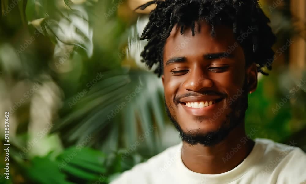 Happy Black Man Smiling with Tropical Leaves in Background Happy Black Man Smiling with Tropical Leaves in Background