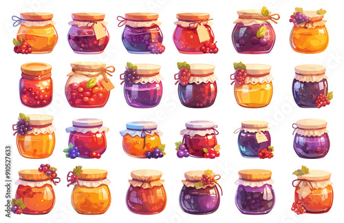 Cartoon jam set. Berry fruit natural homemade product in glass jar, sweet breakfast food, dessert marmalade vector illustration