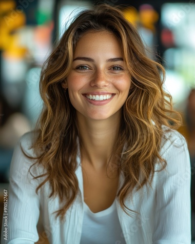 Wallpaper Mural A joyful young woman radiates happiness while seated at a cafe table Torontodigital.ca