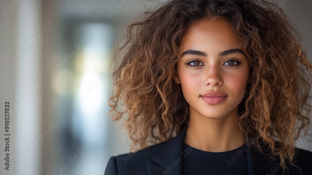A young woman with curly hair smiles confidently in an indoor setting illuminated by natural light A young woman with curly hair smiles confidently in an indoor setting illuminated by natural light