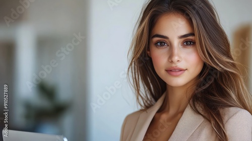 A young woman smiles warmly while holding a laptop in a modern office