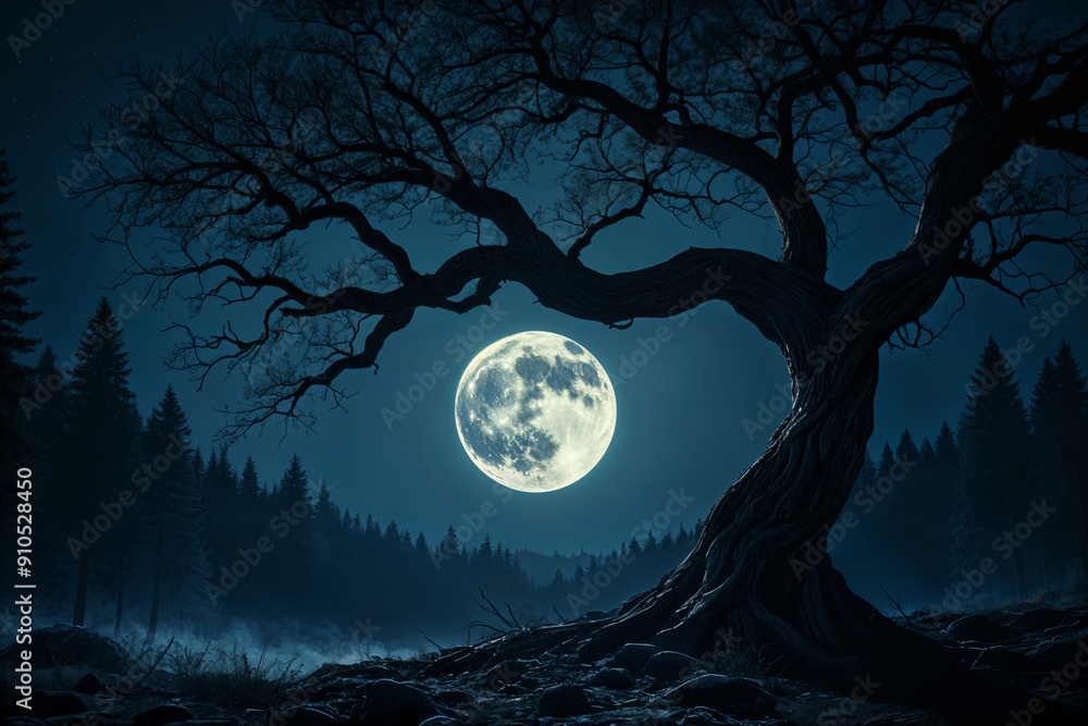 Fototapeta premium Full moon rising behind a twisted tree in a forest, creating a serene and mystical atmosphere.