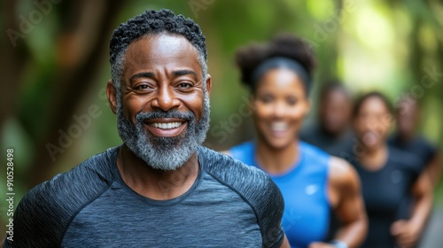 A cheerful man enjoys running with friends in a vibrant park filled with greenery photo