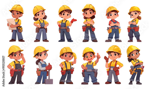 Cartoon kids builders set. Children boys and girls characters in worker uniform, yellow helmets and construction equipment vector illustration