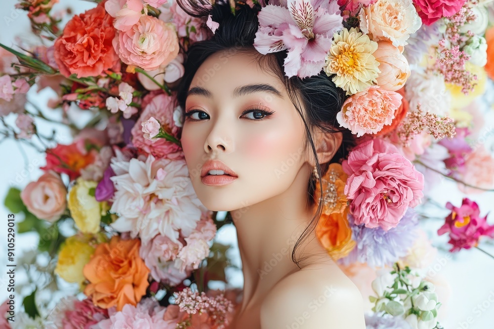 A young woman poses gracefully with a vibrant arrangement of various flowers framing her face, highlighting her natural beauty and expressive features A young woman poses gracefully with a vibrant arrangement of various flowers framing her face, highlighting her natural beauty and expressive features
