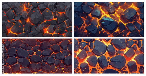 Cartoon lava ground set. Volcano rocks texture top view with cracks, eruption magma glow effect vector illustration
