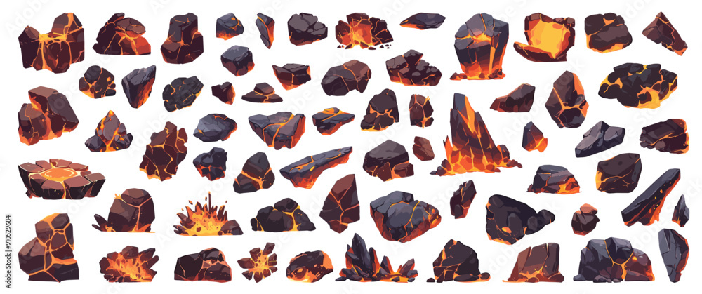 Cartoon lava rocks set. Volcano stones with glowing hot magma cracks, eruption coal for game vector illustration