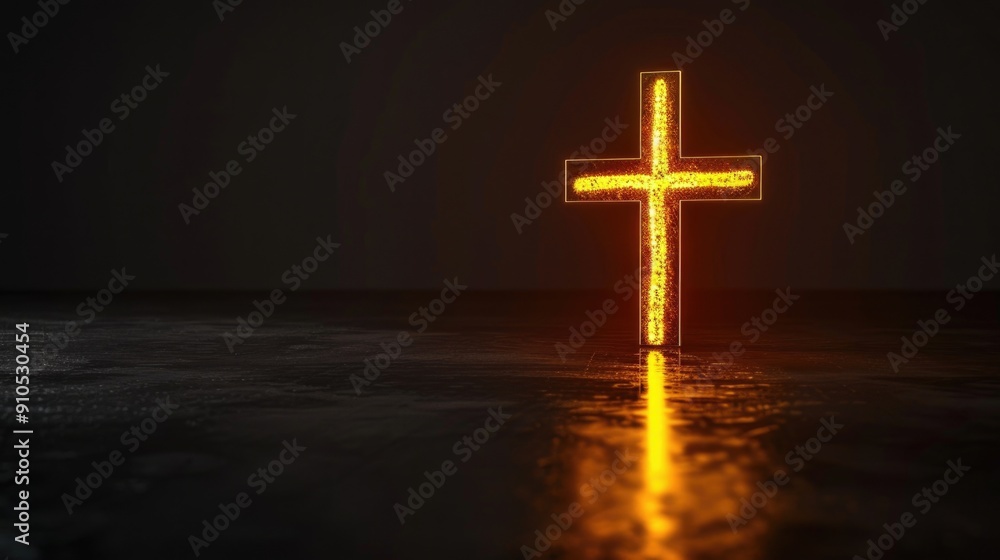 A close-up of a glowing cross on a reflective surface, ideal for uses where faith and light are themes A close-up of a glowing cross on a reflective surface, ideal for uses where faith and light are themes