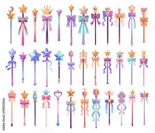 Cartoon magic wand set. Stick with gold star and ribbon bow for fairy princess, fairy tale toy vector illustration