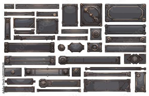 Cartoon metal game menu set. Fantasy iron square frames buttons screen, UI steel asset with gears vector illustration