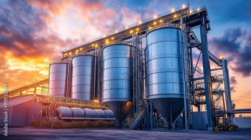 Industrial silos at sunset with a dramatic cloudy sky.