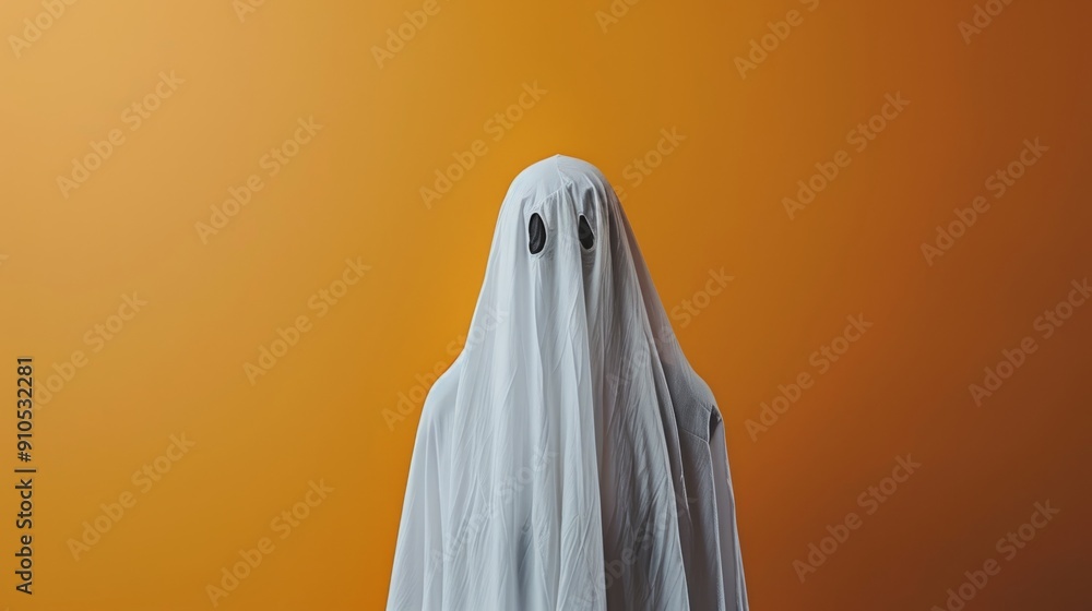 Man in ghost costume with white sheet on orange background. Banner, copy space. Halloween theme Man in ghost costume with white sheet on orange background. Banner, copy space. Halloween theme