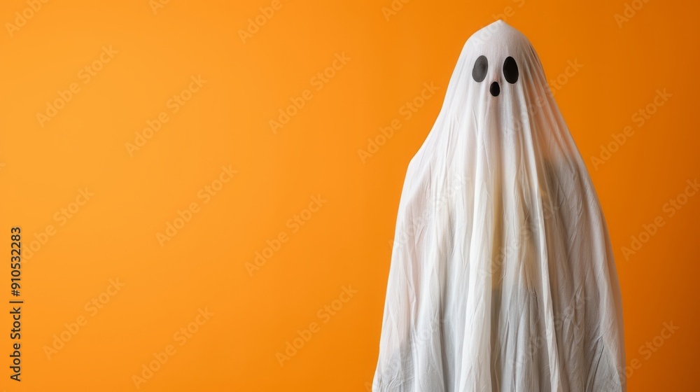 Creepy ghost costume on bright orange background for Halloween holiday and seasonal decor. Banner, copy space. Halloween theme Creepy ghost costume on bright orange background for Halloween holiday and seasonal decor. Banner, copy space. Halloween theme