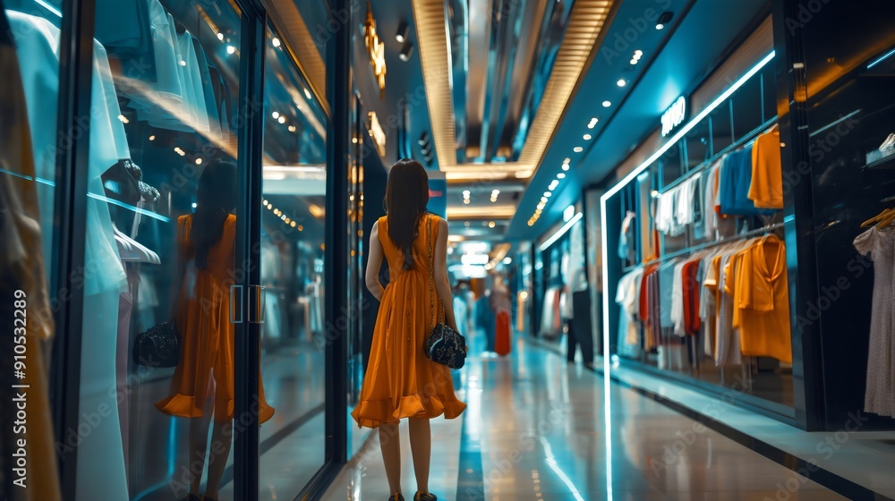 Fototapeta premium Rearview of young woman, female customer staying in hallway or corridor of mall, shopping center sounder with clothing stores, retail shops, boutiques with dresses and clothes, consumerism and fashion