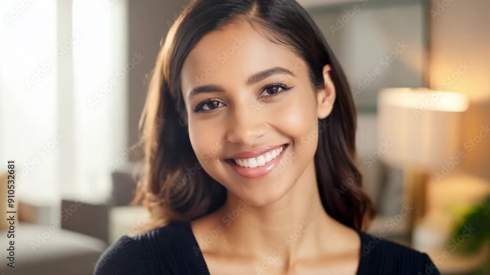 This young woman with a warm smile poses in a comfortable living space. This young woman with a warm smile poses in a comfortable living space.