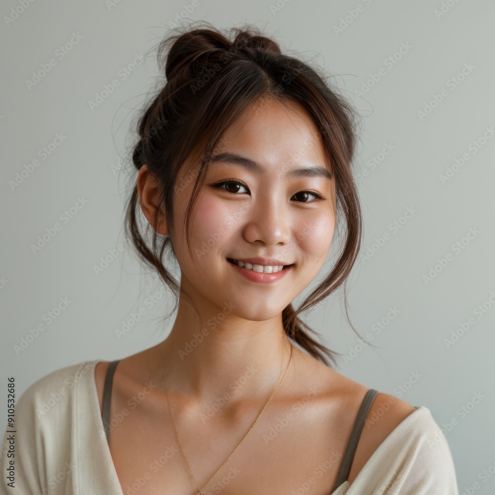 Serene Smile of Young Woman with Bun Hairstyle on Neutral Background Serene Smile of Young Woman with Bun Hairstyle on Neutral Background