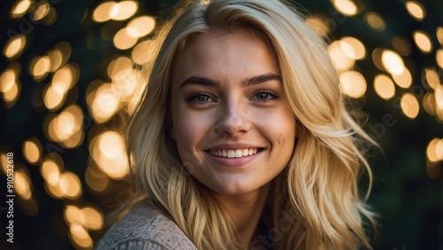 Smiling Young Woman Surrounded by Soft Glow of Fairy Lights in Evening Setting photo