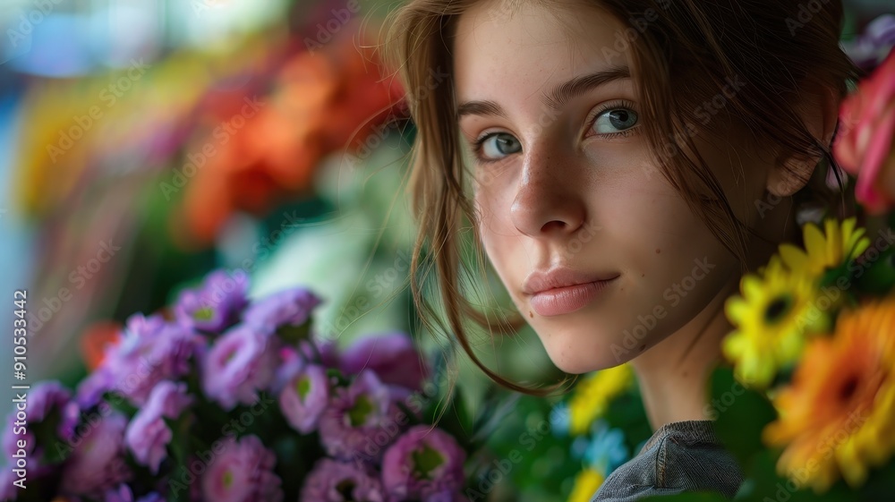 Close-up portrait of a young Latvian female florist among flowers. Close-up portrait of a young Latvian female florist among flowers.