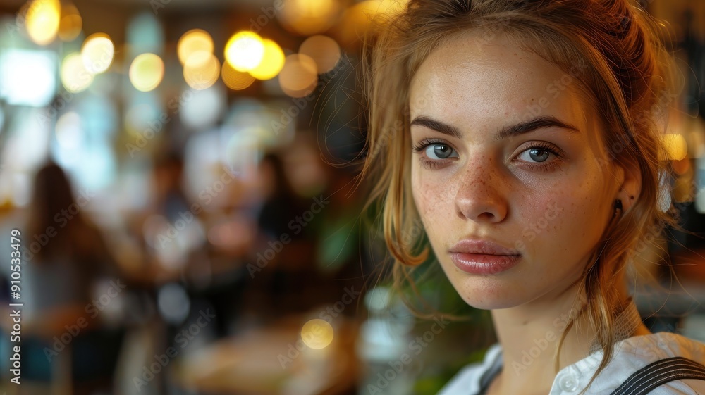 Close-up portrait of a young Latvian female waiter in a cafe. Close-up portrait of a young Latvian female waiter in a cafe.