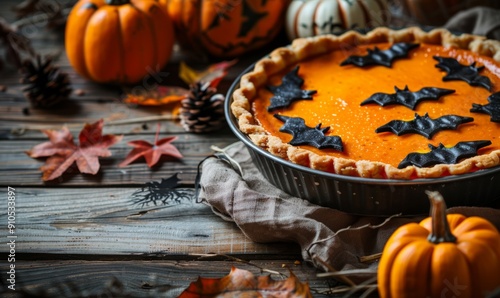 Halloween pumpkin pie with decorative bat filling on rustic wooden table photo