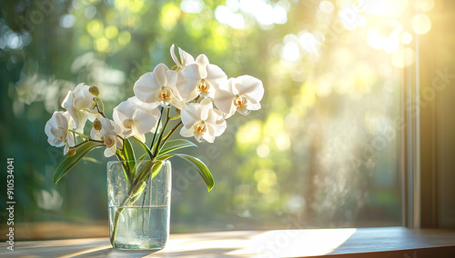 White orchid flowers in a glass vase on a table against a blurred...