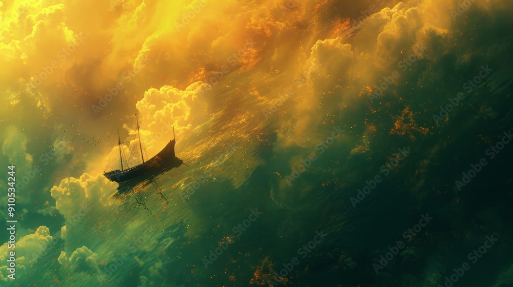 A solitary ship sails across the vast sea, surrounded by interstellar-like nebula colors in the sky, creating a surreal and otherworldly atmosphere. A solitary ship sails across the vast sea, surrounded by interstellar-like nebula colors in the sky, creating a surreal and otherworldly atmosphere.