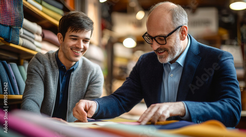 Two men, one older and one younger, smiling and examining fabric samples in a textile store, symbolizing mentorship and business collaboration.


