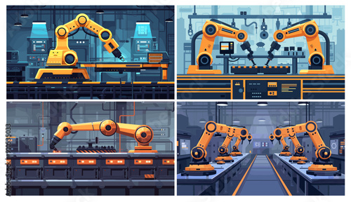 Cartoon robot factory set. Electronic manufacturing with machine robotic hand on conveyor automation process vector illustration