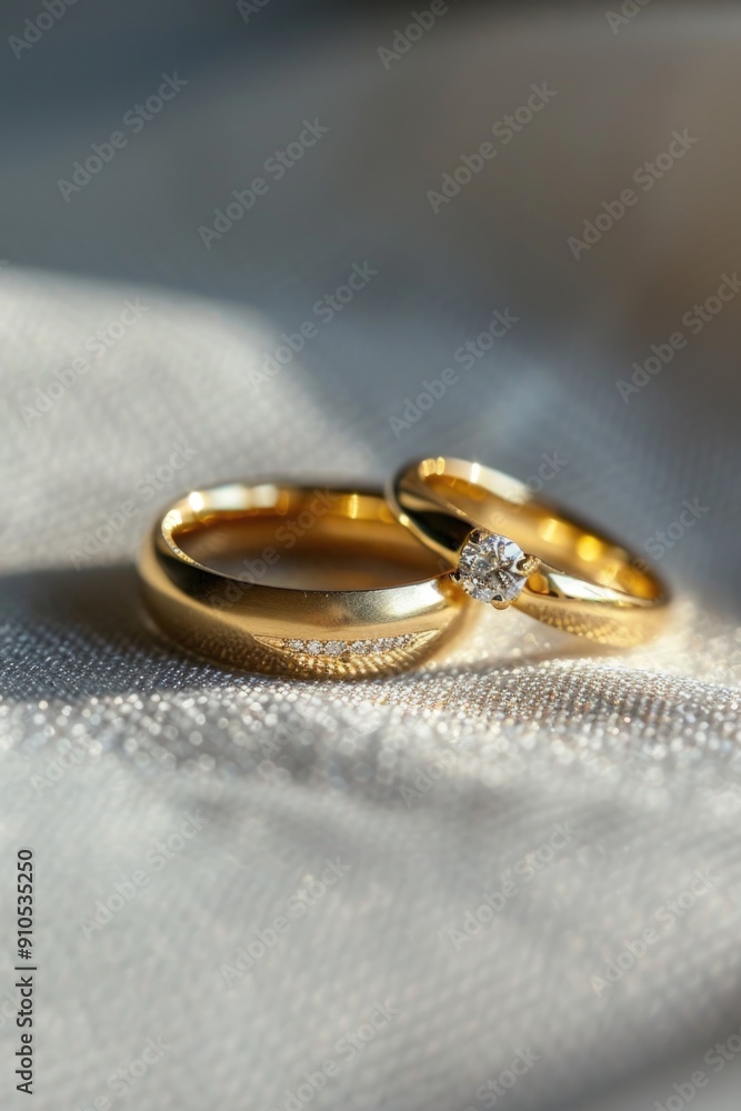 Two wedding rings sit atop a white cloth, symbolizing love and commitment Two wedding rings sit atop a white cloth, symbolizing love and commitment