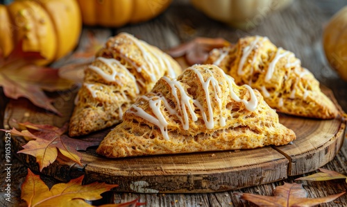 Pumpkin buns with glaze on wooden tray. Perfect fall Thanksgiving treat and fall desserts. photo