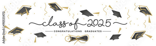 Class of 2025 handwritten typography lettering text. Hand drawn design with diploma confetti and flying graduates caps Congratulations graduates. Golden and black line design with white background