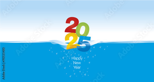 2025 Happy New Year colorful numbers concept template for calendars and greetings on wave water blue background
