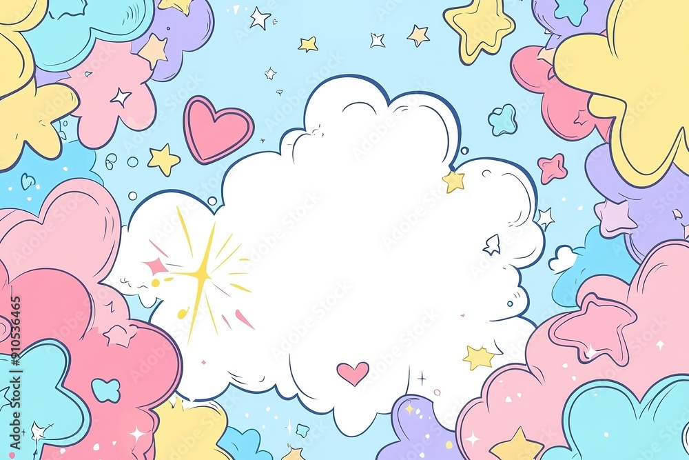 White Cartoon Cloud with Hearts and Stars on a Blue Background White Cartoon Cloud with Hearts and Stars on a Blue Background