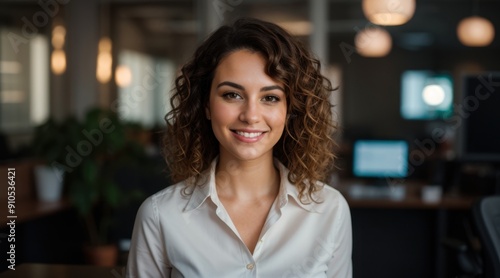 Woman with wavy hair smiles gently in softly lit corporate office 