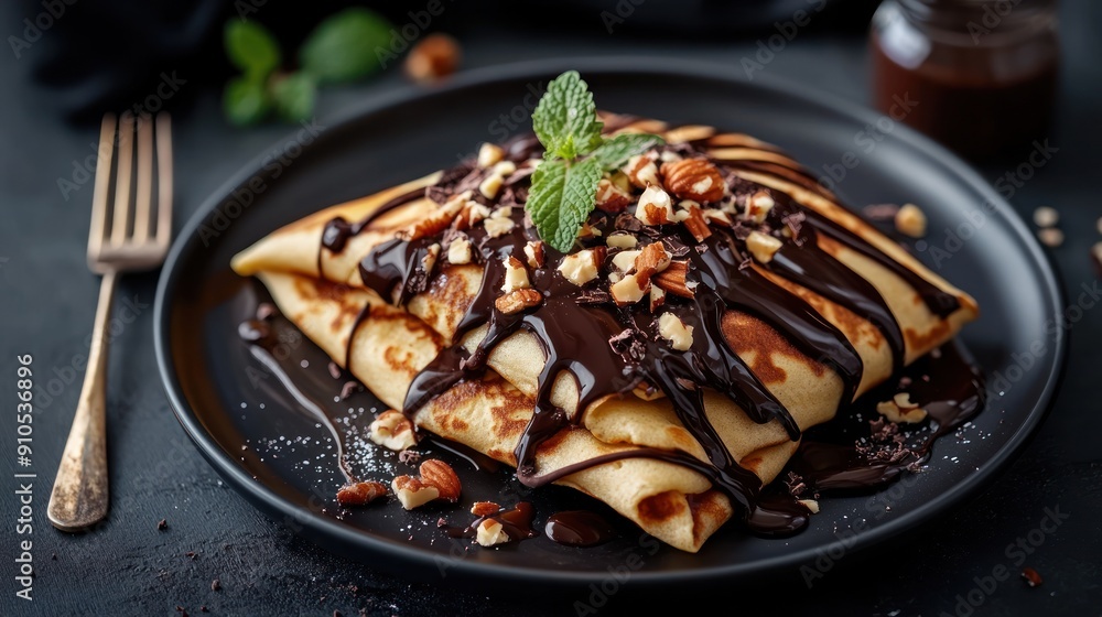 Crepes topped with chocolate sauce, nuts and a hint of mint.