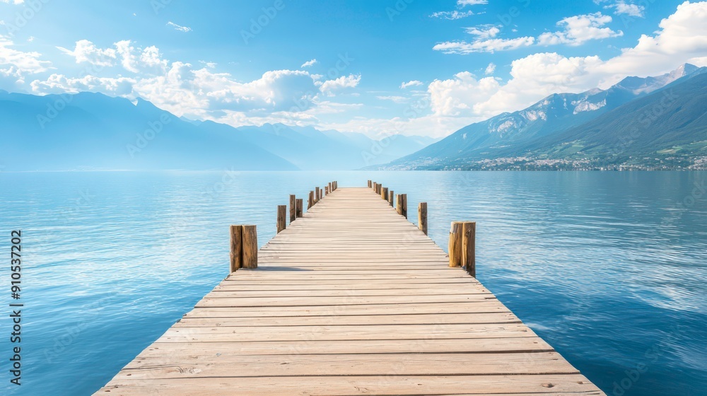 Obraz premium Wooden pier leading into blue lake with mountain backdrop.
