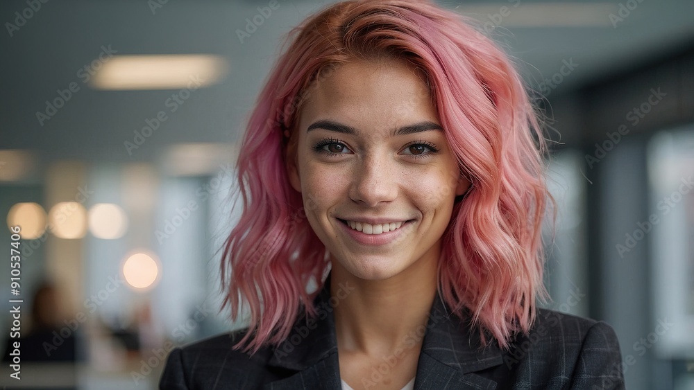 Young Woman With Pink Hair Smiling in Modern Office Environment During Daytime Young Woman With Pink Hair Smiling in Modern Office Environment During Daytime