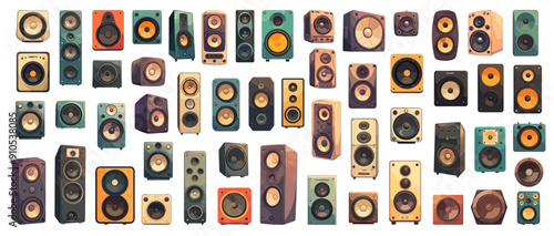 Cartoon sound speakers set. Audio systems, subwoofer, acoustic device, concert stereo equipment vector illustration