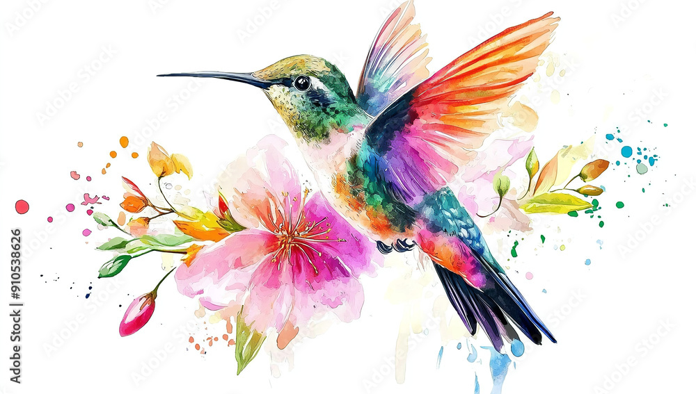 Obraz premium Watercolor hummingbird with floral elements, vibrant colors, white...