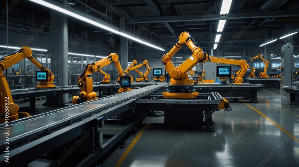 An illustration of a super-modern robotic factory, where robots are seen managing the production and distribution An illustration of a super-modern robotic factory, where robots are seen managing the production and distribution