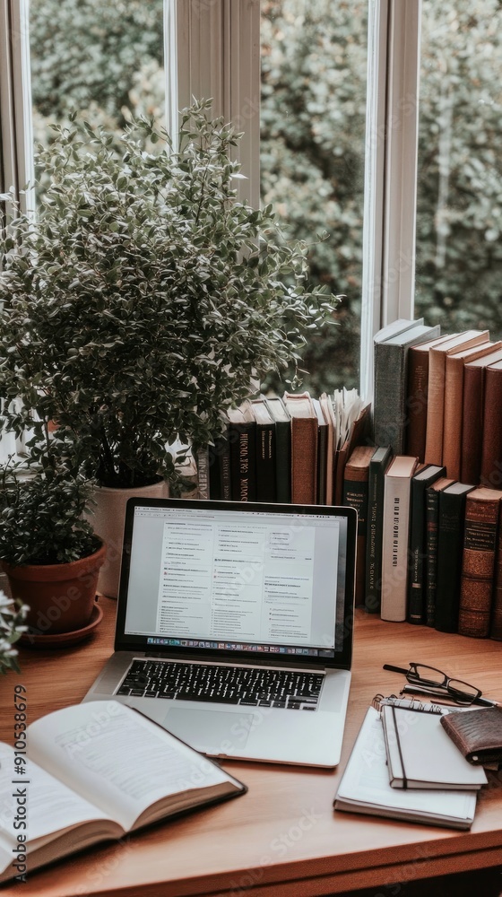 A laptop displays various business charts while a potted plant and notepad are arranged neatly on a modern office desk A laptop displays various business charts while a potted plant and notepad are arranged neatly on a modern office desk