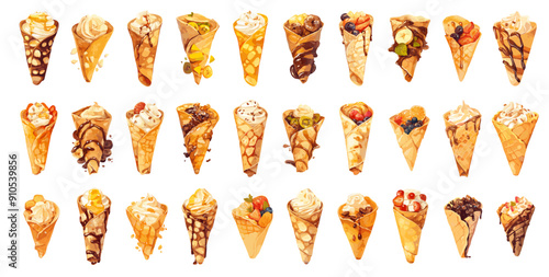 Cartoon sweet crepes set. Pancake or waffle cone with whipped cream berries chocolate strawberry banana filling, street food desert vector illustration