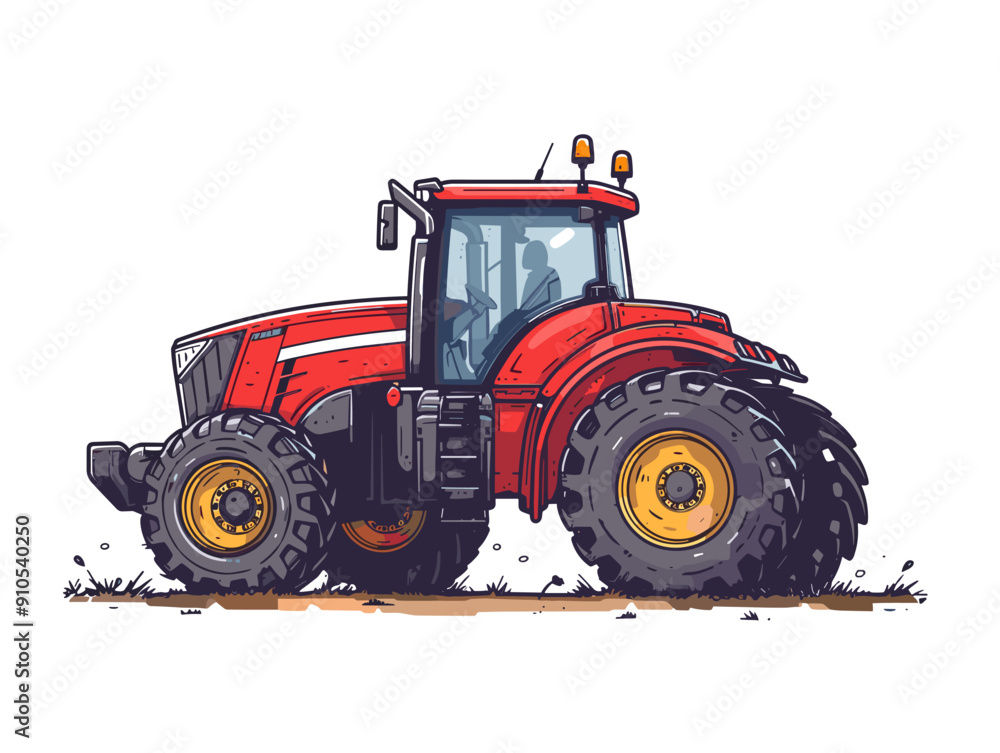Red tractor isolated on white background. Vector illustration in cartoon style